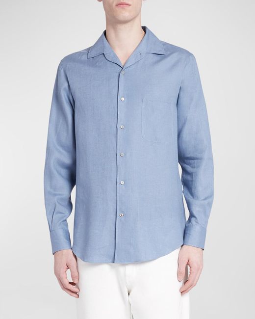 Loro Piana Blue Andre Long-Sleeve Linen Shirt for men
