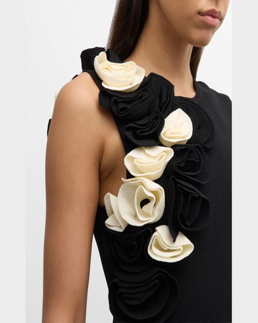 Lela Rose Black Colorblock Flower-Applique Sleeveless Rib Midi Dress