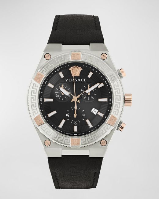 Versace Black V-Sporty Greca Leather Strap Watch, 46Mm for men