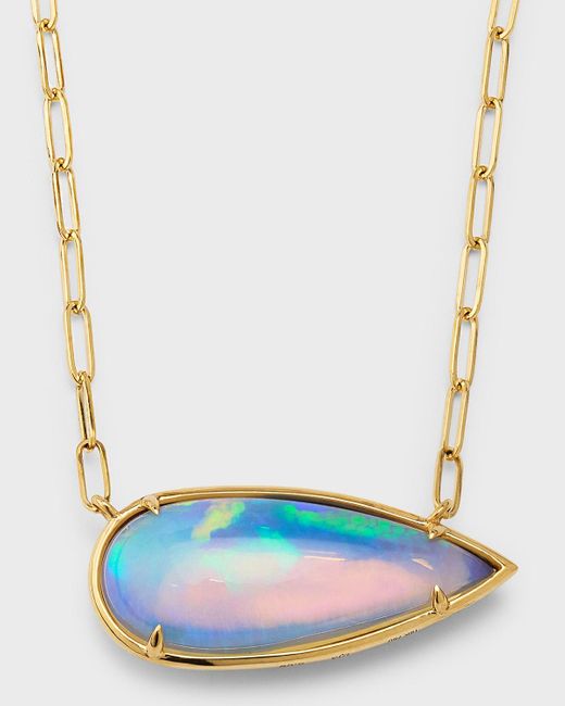 David Kord Blue 18k Yellow Gold Necklace With Pear Shape Opal On Paper Clip Chain, 8.09tcw