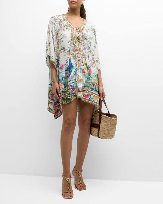 Camilla Multicolor Plumes And Parterres Crystal Lace-up Mini Kaftan