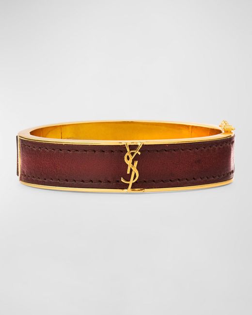 Saint Laurent Gray Leather And Brass Ysl Monogram Bracelet