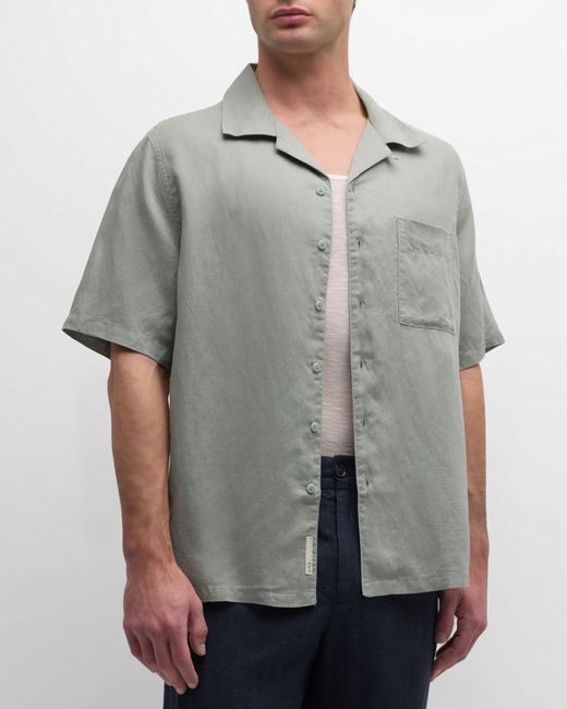 Onia Gray Air Linen Convertible Collar Short-sleeve Shirt for men