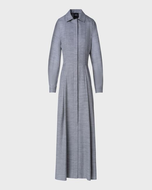 Akris Blue Long-Sleeve Pleated Wool-Silk Midi Shirtdress