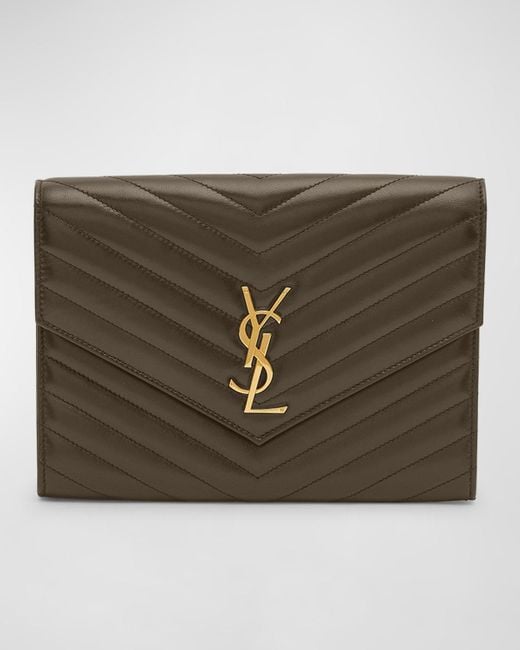 Saint Laurent Ysl Flap Quilted Leather Clutch Bag in Black