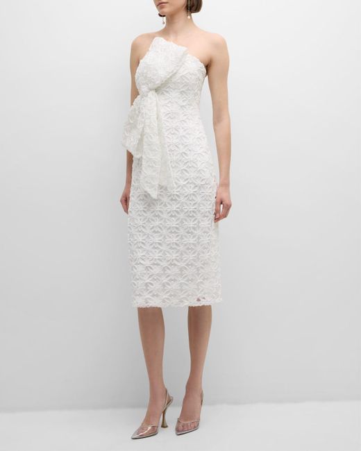Jovani White Strapless Bow-Front Applique Midi Dress