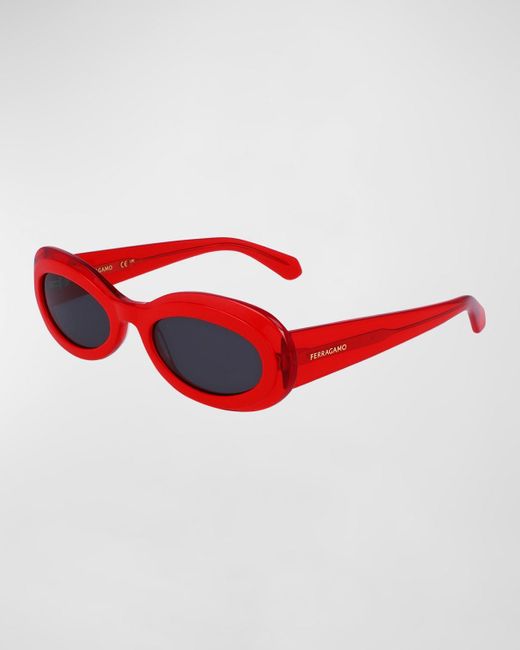 Ferragamo Red Classic Logo Acetate Oval Sunglasses