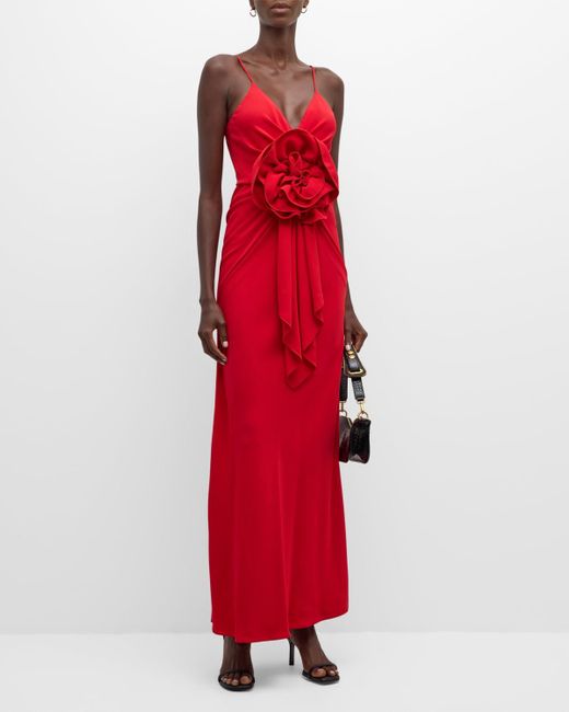 Balmain Red Rose Plunging Sleeveless Draped Maxi Dress