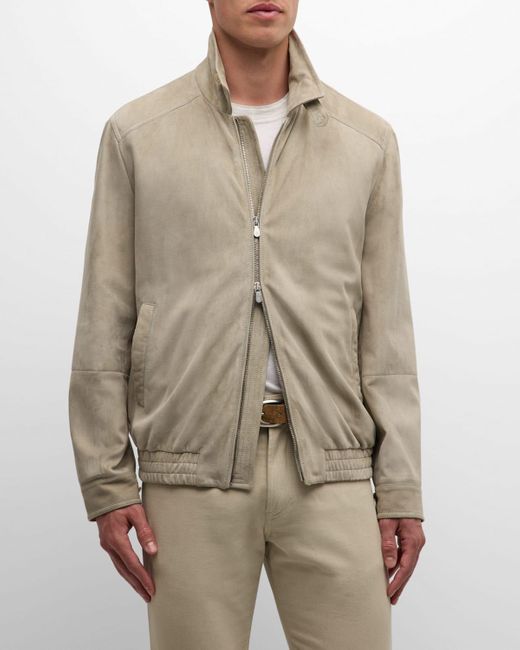Brunello Cucinelli Natural Classic Lambskin Suede Bomber Jacket for men