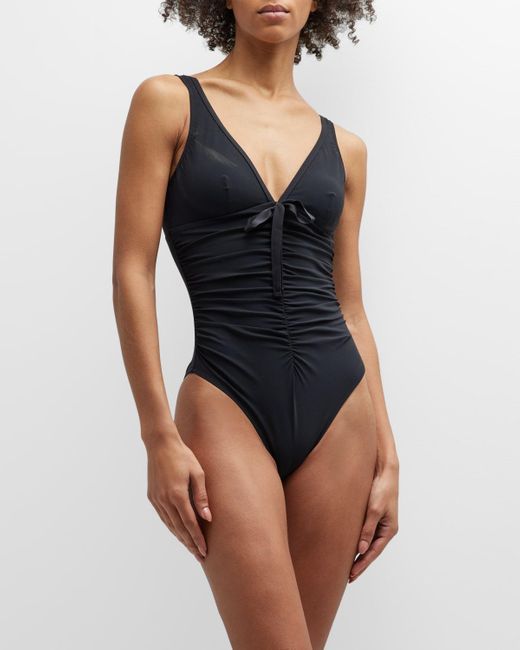 Shan Blue Ruched Front-Tie One-Piece Swimsuit