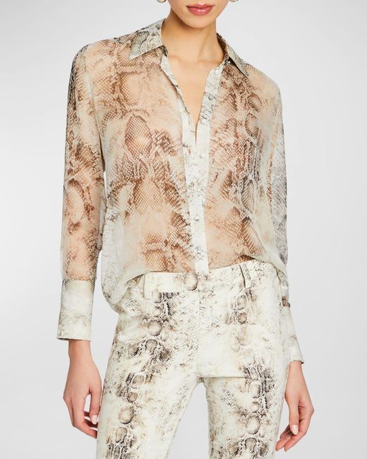 retroféte Natural Milena Sheer Silk Snake-Print Button-Front Blouse