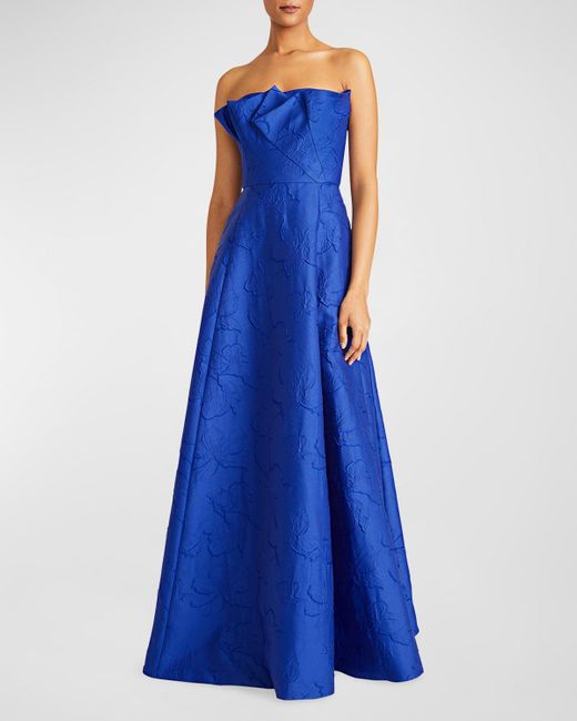 ML Monique Lhuillier Blue Aliana Strapless Floral Jacquard Ruffle Gown