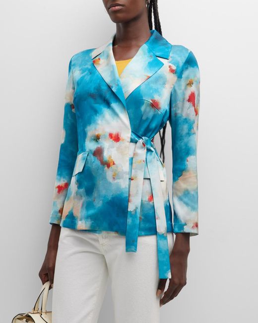 Misook Blue Watercolor-print Side-tie Crepe Jacket