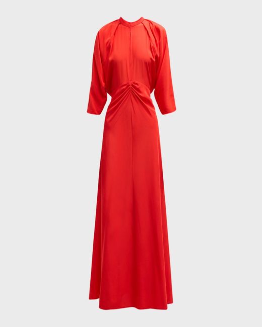 Oroton Red Ruched Dolman-Sleeve Silk Midi Dress