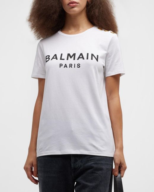 Balmain White 3-button Flocked Logo T-shirt