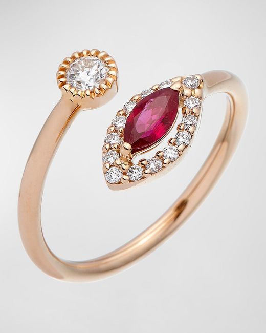 Krisonia White Positano 18k Rose Gold Diamond & Ruby Bypass Ring, Size 6