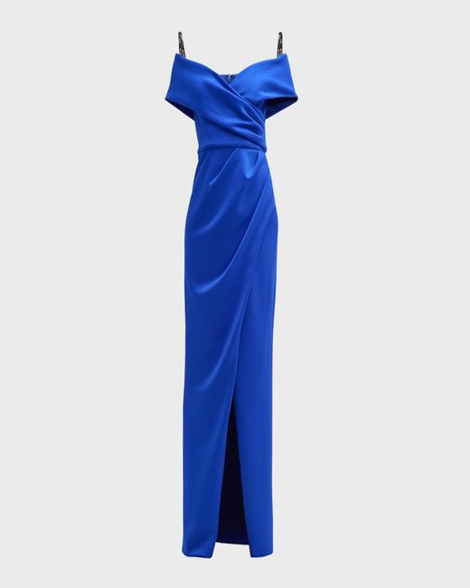 Black Halo Blue Prisma Pleated Off-Shoulder Column Gown