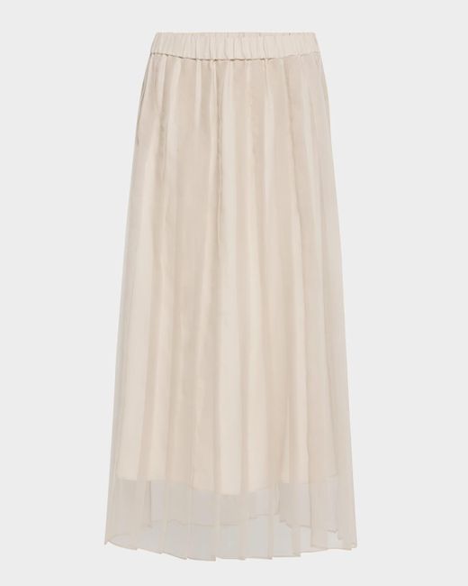 Brunello Cucinelli Natural Crispy Silk Chiffon Pleated Midi Skirt