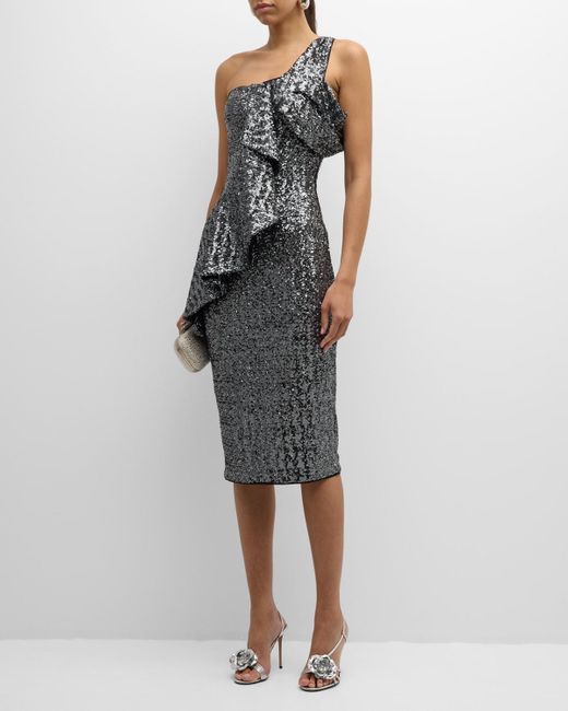 La Petite Robe Di Chiara Boni Metallic One-Shoulder Ruffle Sequin Midi Dress