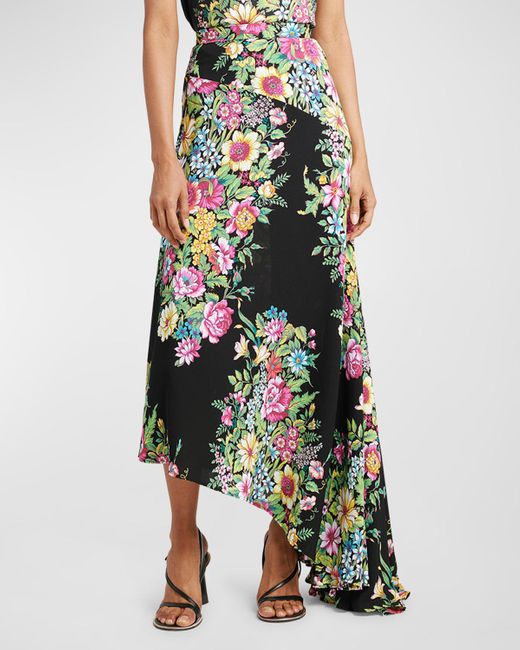 Etro Green Bouquet Floral-print Asymmetric Godet Midi Skirt