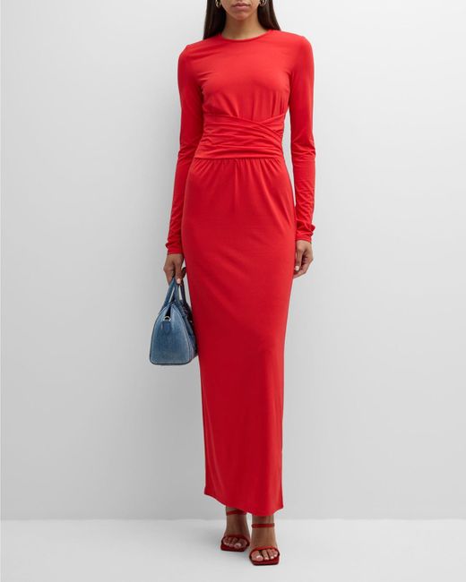 Emporio Armani Red Pleated Long-sleeve Jersey Column Gown