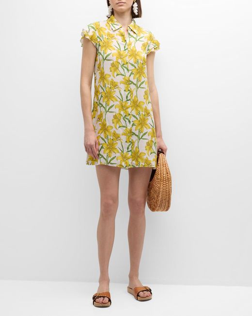 Alice + Olivia Yellow Floral Jem Ruffle-Sleeve Mini Shirtdress