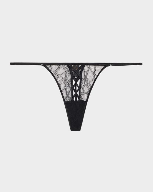 Kiki de Montparnasse Black Precieuse Low-Rise Lace & Charmeuse G-String