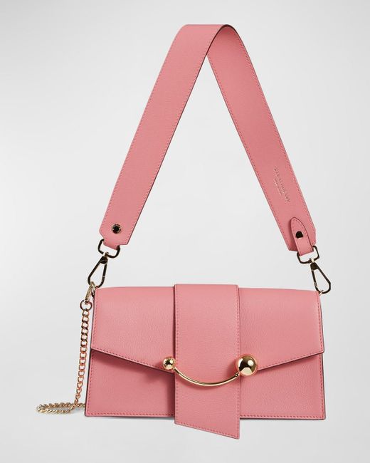 Strathberry Pink Crescent Mini Flap Leather Shoulder Bag