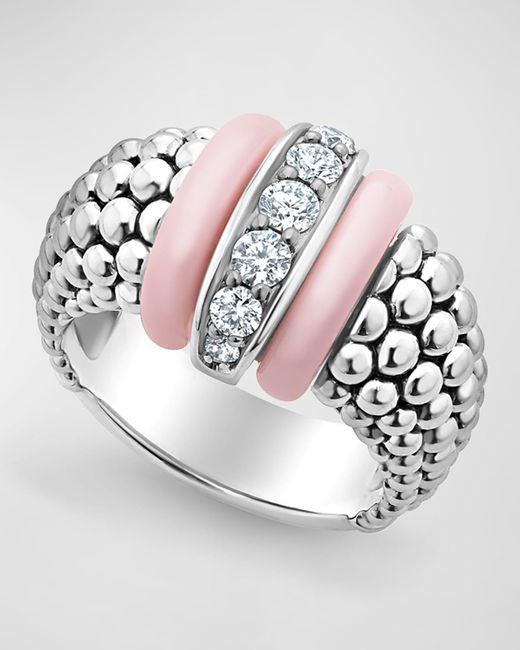 Lagos White Sterling Silver Pink Caviar Diamond Large 1 Link Ring