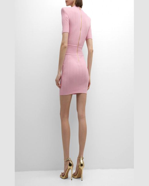 Balmain Pink V-Neck Short-Sleeve Strong-Shoulder Pointelle Knit Mini Dress