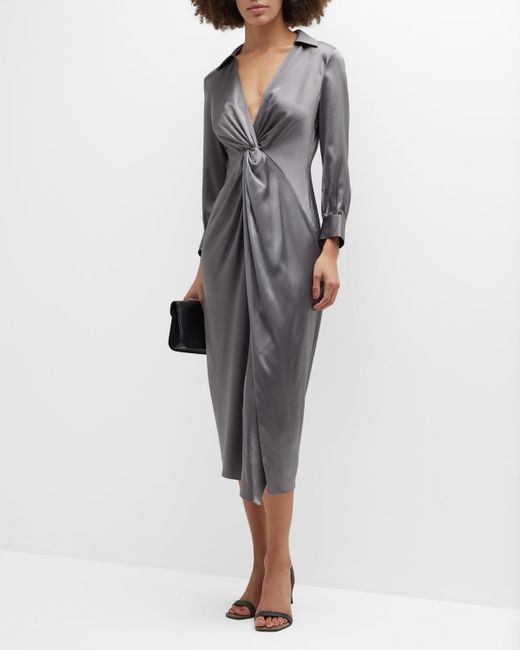 Theory Twisted-front Satin Midi Dress in Gray | Lyst