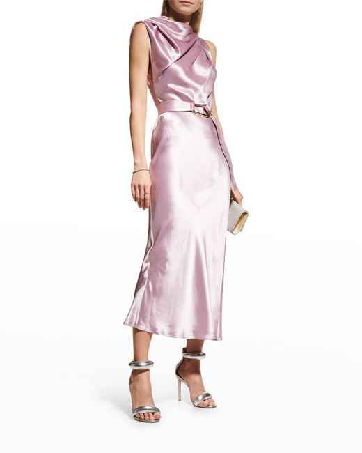 Acler Pink Boise Belted Satin Cowl-neck Midi Dress