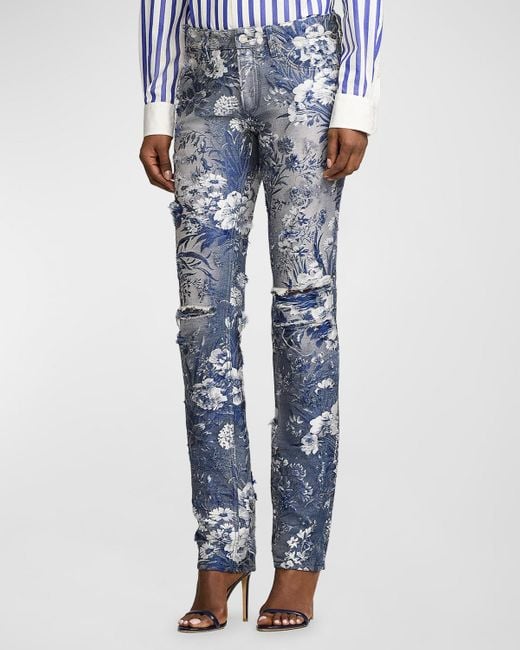 Ralph Lauren Collection Blue 160 Slim Floral Distress Skinny-Leg Jeans