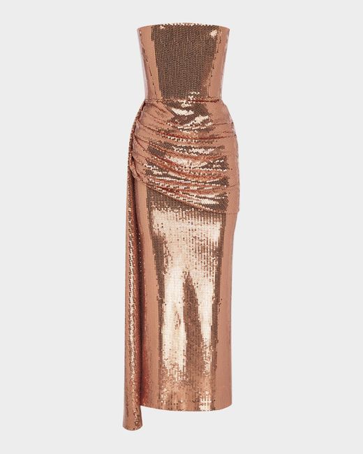Alex Perry Multicolor Strapless Draped Sequin Mesh Midi Dress
