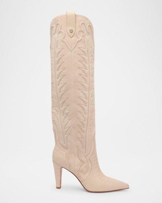 Christian Louboutin White Santia Suede Knee-High Sole Western Boots