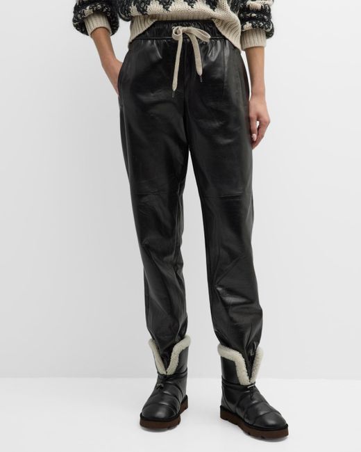 Brunello Cucinelli Black Glossy Napa Leather Track Pants With Elasticated Waist
