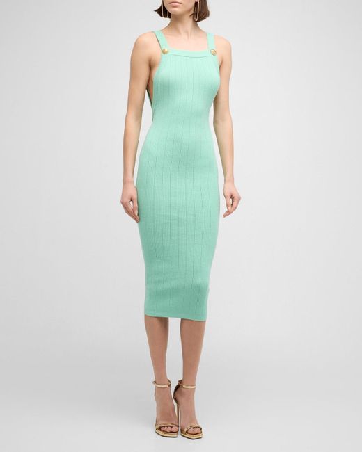 Balmain Green 2-Button Backless Pointelle Rib Knit Midi Dress