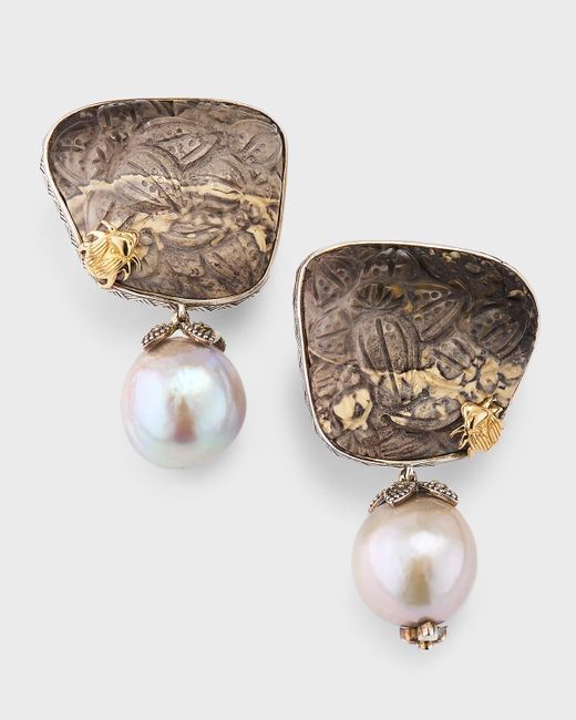 Stephen Dweck Metallic Hand Carved Opal And Baroque Pearl Earrings