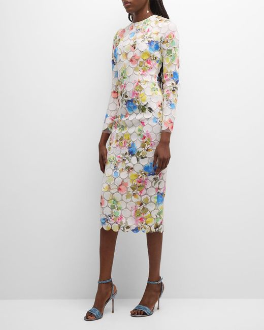 Monique Lhuillier White Floral-Print Circle Lace Long-Sleeve Midi Dress