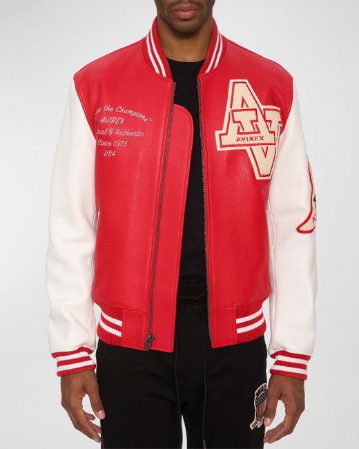 Avirex Red Wildcat Leather Varsity Jacket for men
