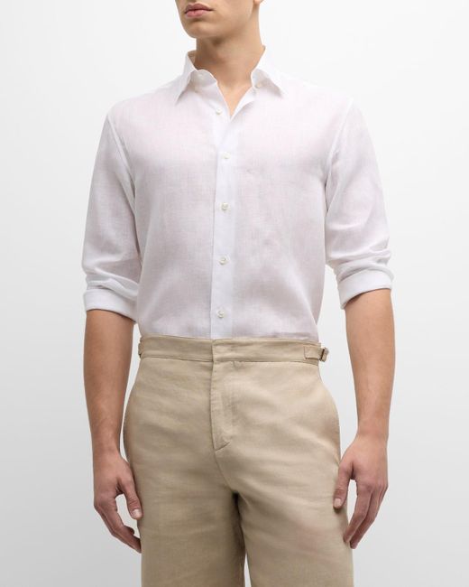 Brioni White Solid Linen Sport Shirt for men