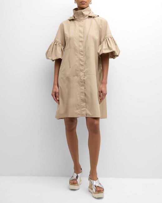 ADEAM Natural Alessandra Ruffle Short-sleeve Detachable-hood Pleated Coat