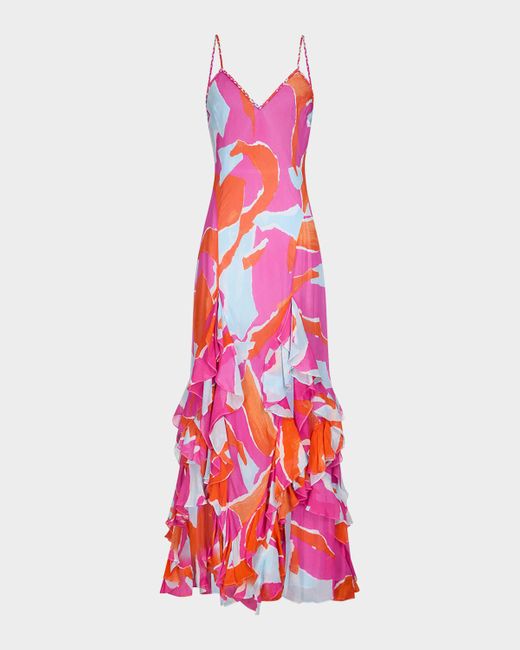 Diane von Furstenberg White Stella Abstract-Print Ruffle Maxi Dress