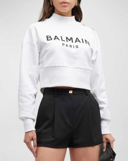 Balmain White 3-button Logo-print Crop Sweatshirt