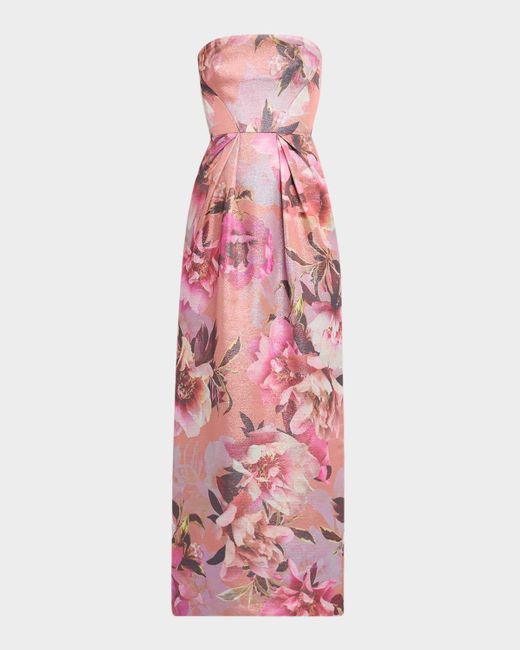 Aidan Mattox Pink Strapless Floral-Print Shimmer Gown