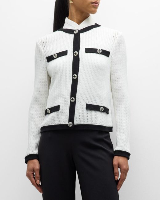 Misook White Recycled Pointelle Knit Button-Down Jacket