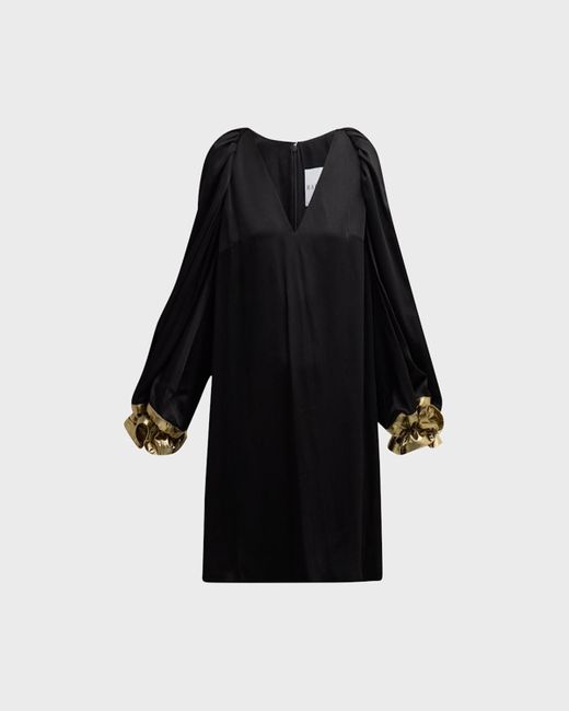 Halpern Black V-neck Puff-sleeve Ruffle-cuff Mini Dress