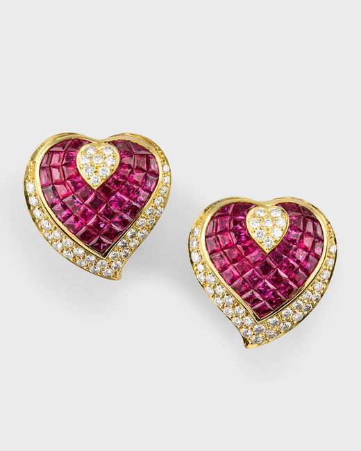 NM Estate Red Estate 18k Yellow Gold Pave Diamond And Invisible Set Ruby Heart Earrings