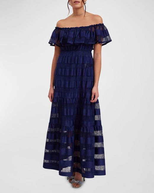 Anne Fontaine Blue Valeriane Off-Shoulder Striped Lace Maxi Dress