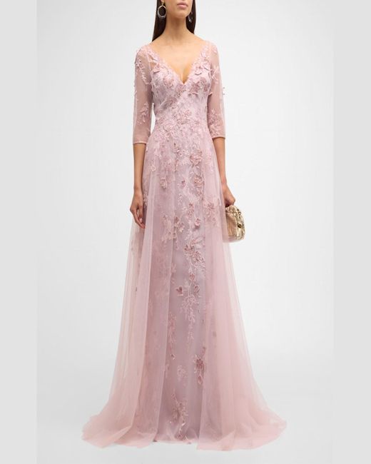 Teri Jon Pink Sequin Floral-Embroidered A-Line Tulle Gown